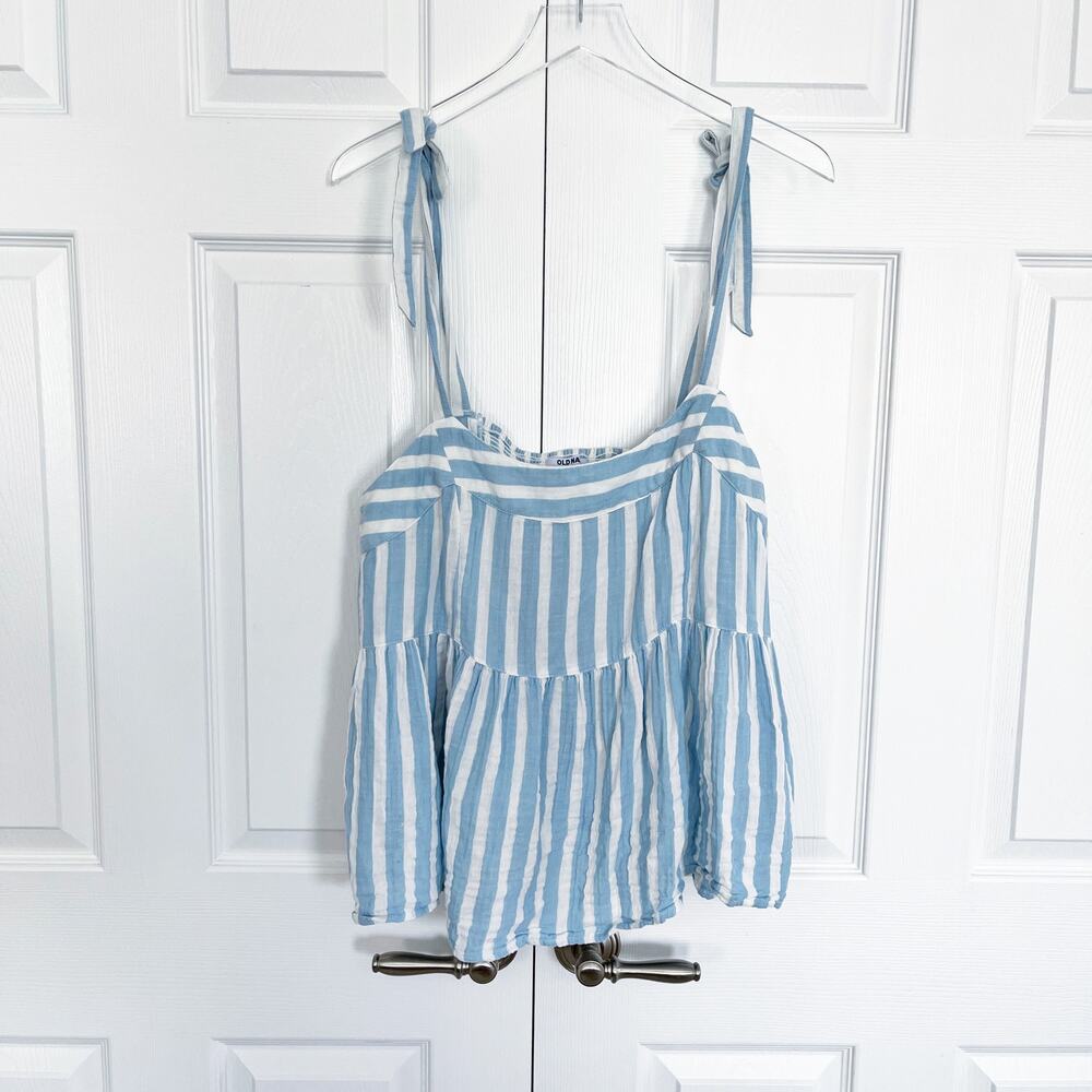 Old Navy Blue White Stripe Tie Strap Peplum Cami Tank Summer Coastal Beachy - Picture 2 of 9